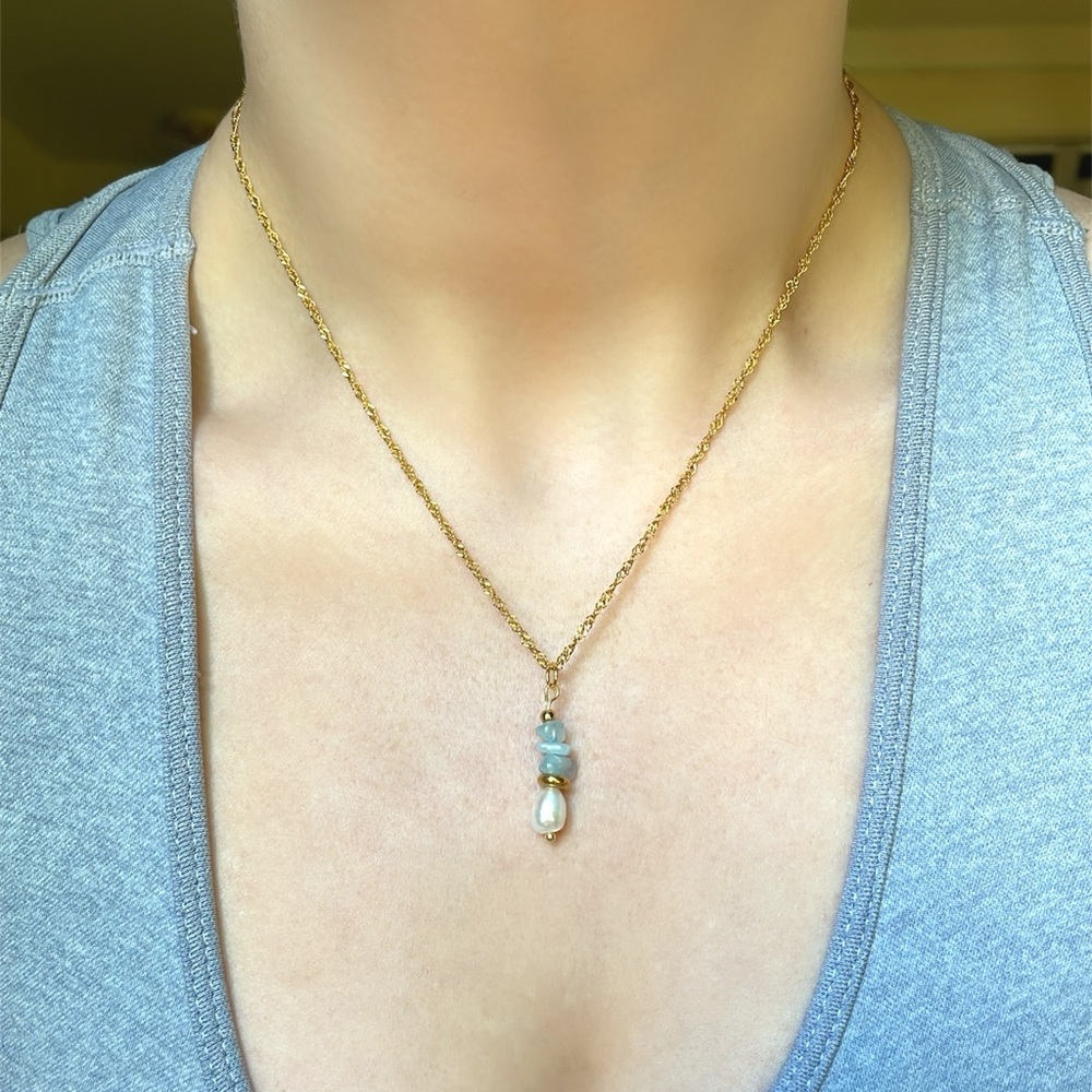 Gold-tone Aquamarine and Pearl Necklace